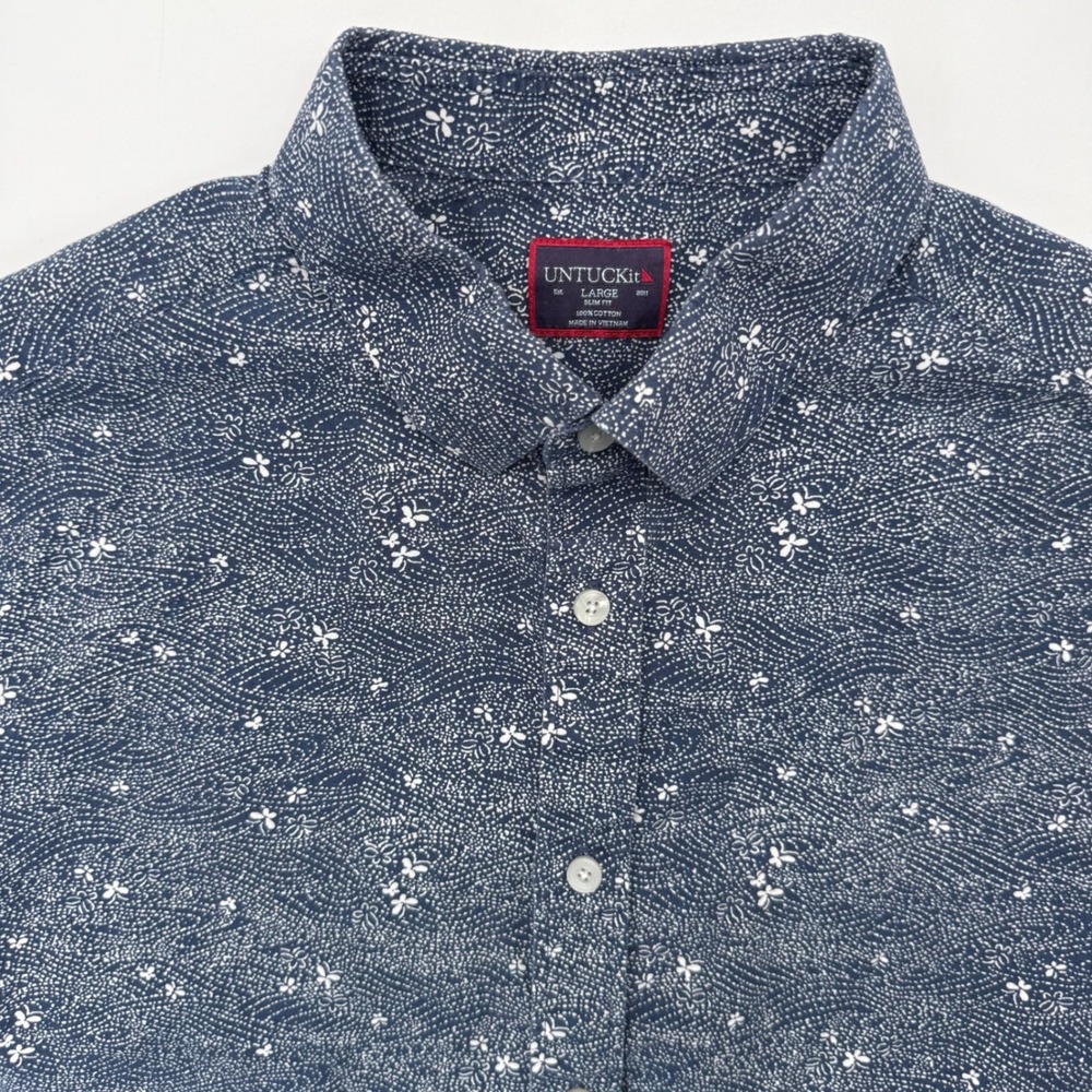 UNTUCKit Button Down Mens Large Blue Floral Slim Fit Short Sleeve Casual Shirt